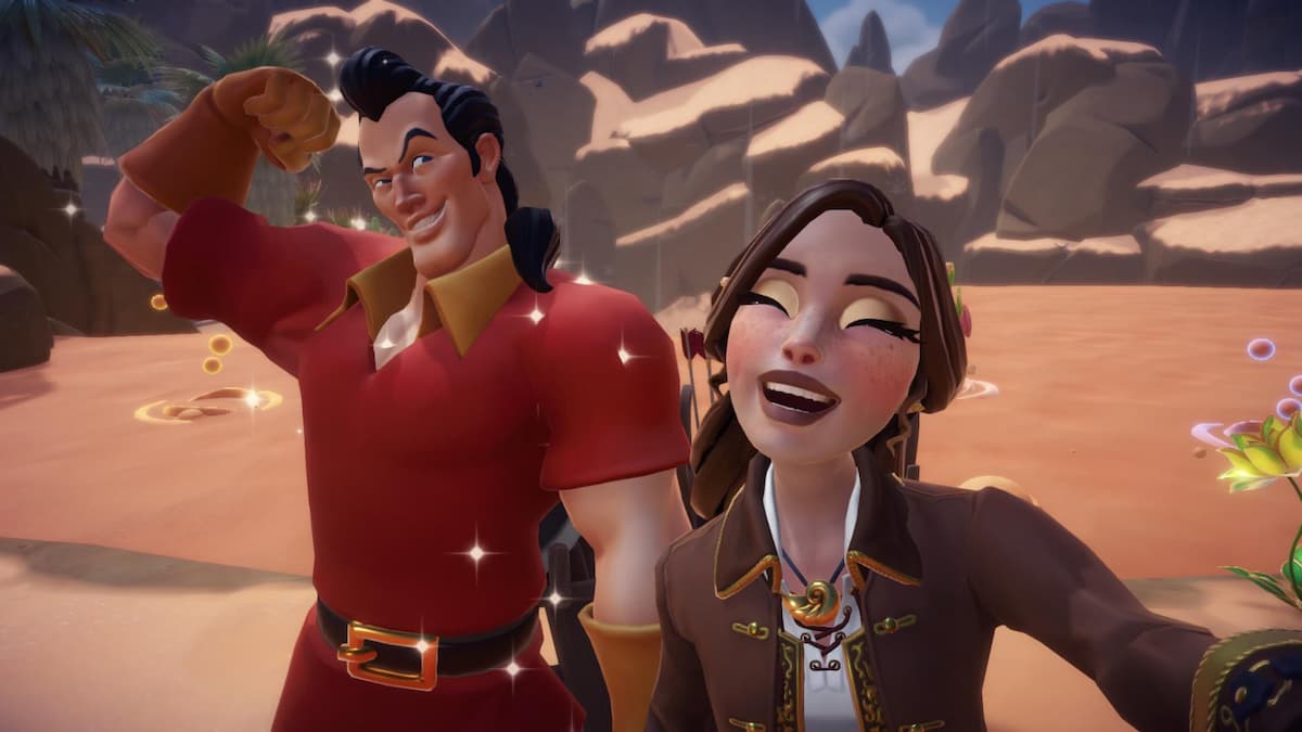 The player taking a selfie with Gaston in Disney Dreamlight Valley.