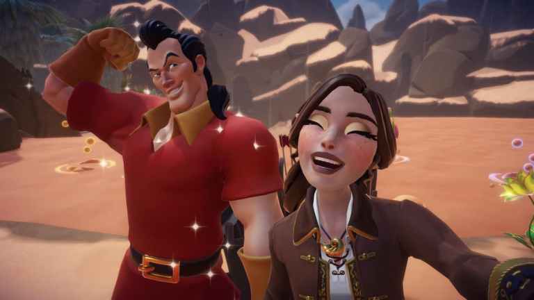 The player taking a selfie with Gaston in Disney Dreamlight Valley.