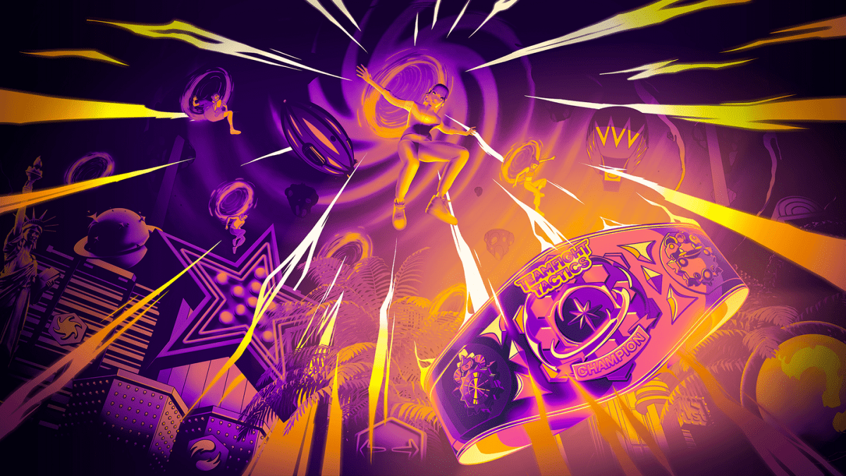 Promotional art for the TFT Vegas Open event with a player jumping above the championship belt.