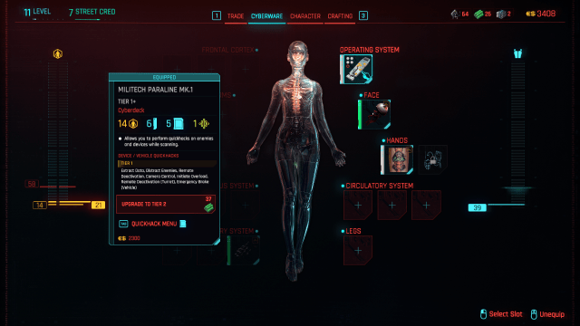 Character menu highlighting a Cyberdeck.