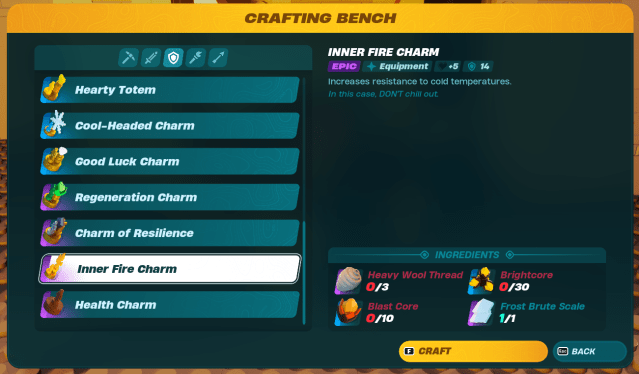The Epic Charms in the Crafting Bench menu in LEGO Fortnite.