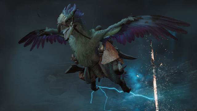 Monster Hunter Wilds flying on the back of a bird