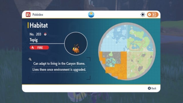 A map showing Tepig's spawn location in The Indigo Disk.