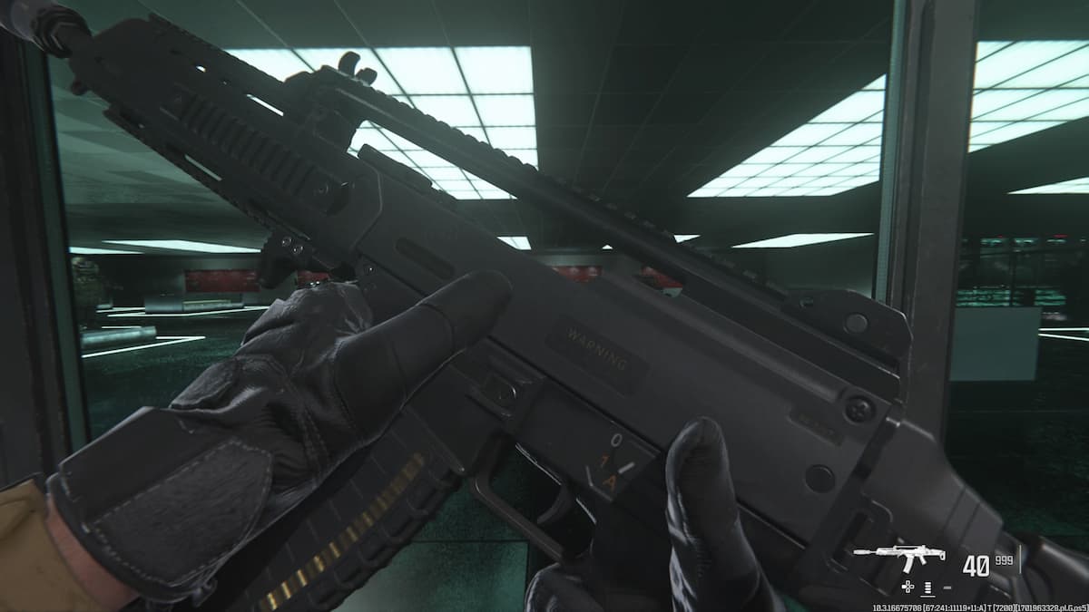 A screenshot of the Holger 556 weapon animation in Warzone's firing range.