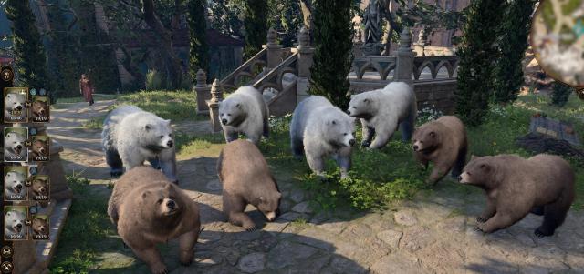 A group of brown and white bears gather in a garden adorned with stone architecture.