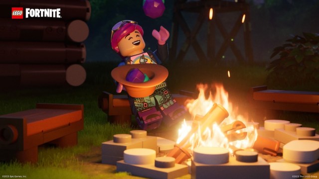 A LEGO Fortnite player character stands near a campfire.