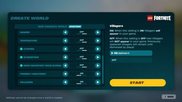 A screenshot of LEGO Fortnite's world settings showing sandbox options