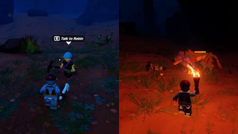 A split image showing LEGO Fortnite villager Robin on the left side and her pieces on the right after bein attacked by a Sand Wolf.