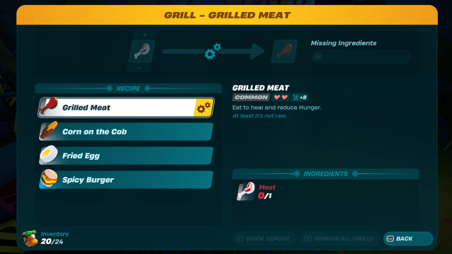 Grilled meat recipe in a LEGO Fortnite menu.