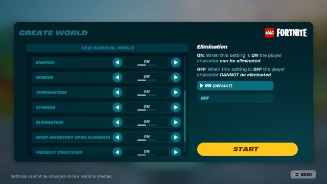 A screenshot of LEGO Fortnite's world settings showing hardcore options