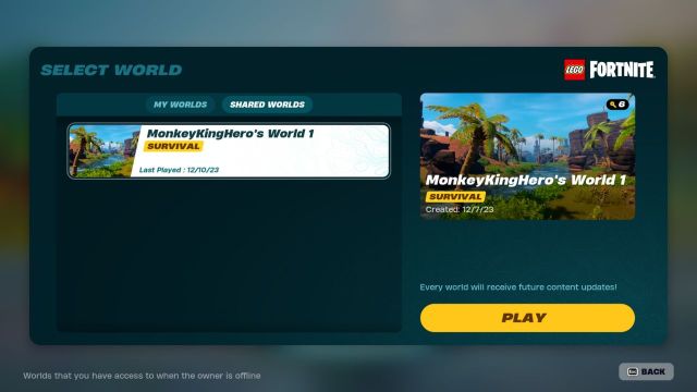 A LEGO Fortnite screenshot showing the Shared Worlds tab