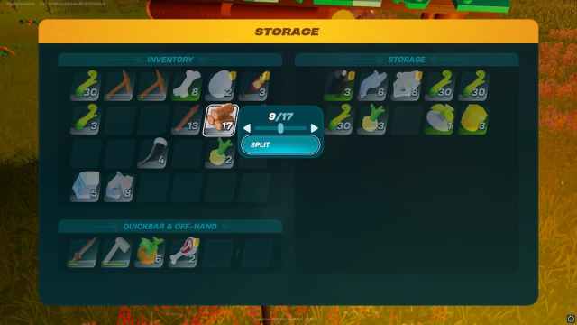 Splitting screen in the storage inventory in LEGO Fortnite.