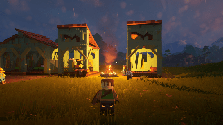 A fledgling village lit by campfire in LEGO Fortnite.