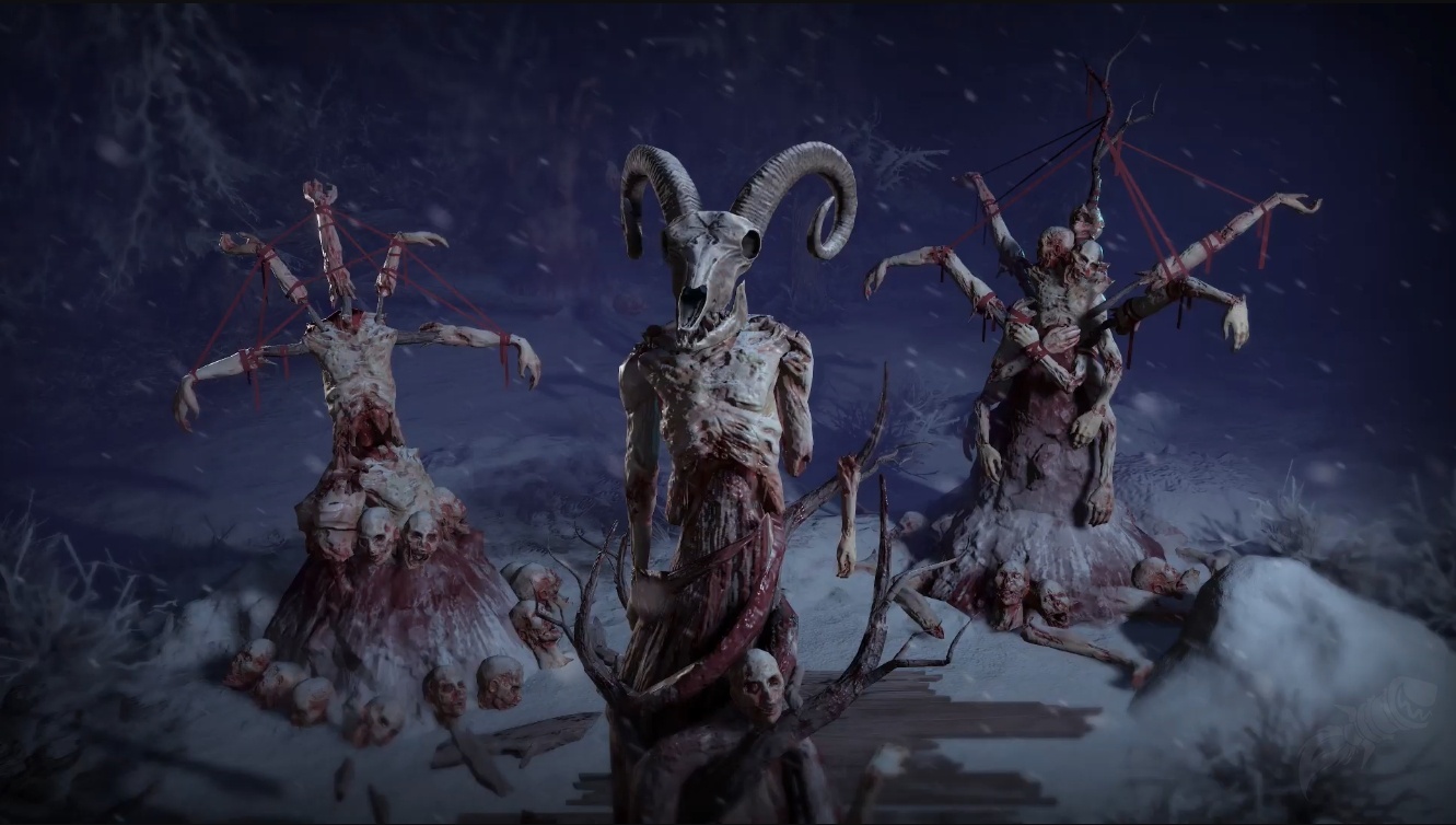 Frozen effigies made of discarded parts by Red Cloak Horror's minions in the Diablo 4 event Midwinter Blight.