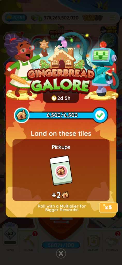 Screenshot of Monopoly GO's Gingerbread Gallore screen showing full completion.