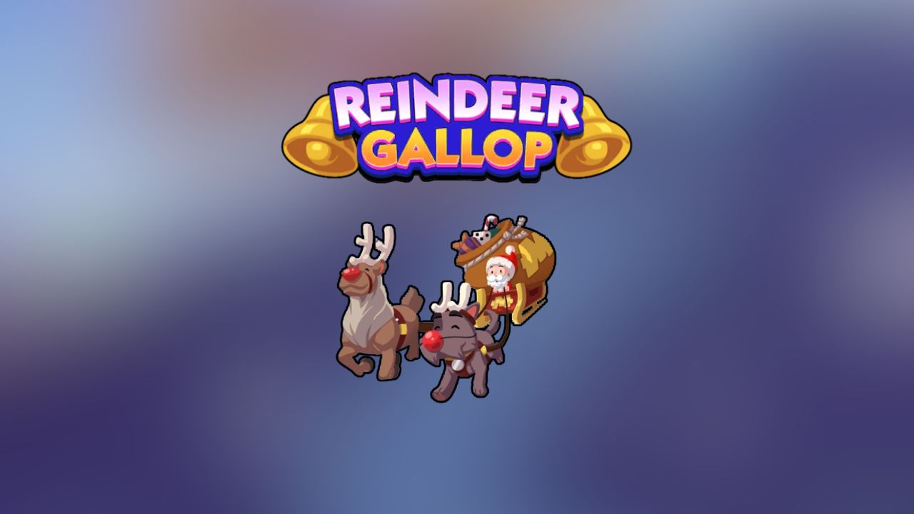 Reindeer Gallop's logo an keyart on a blue background.