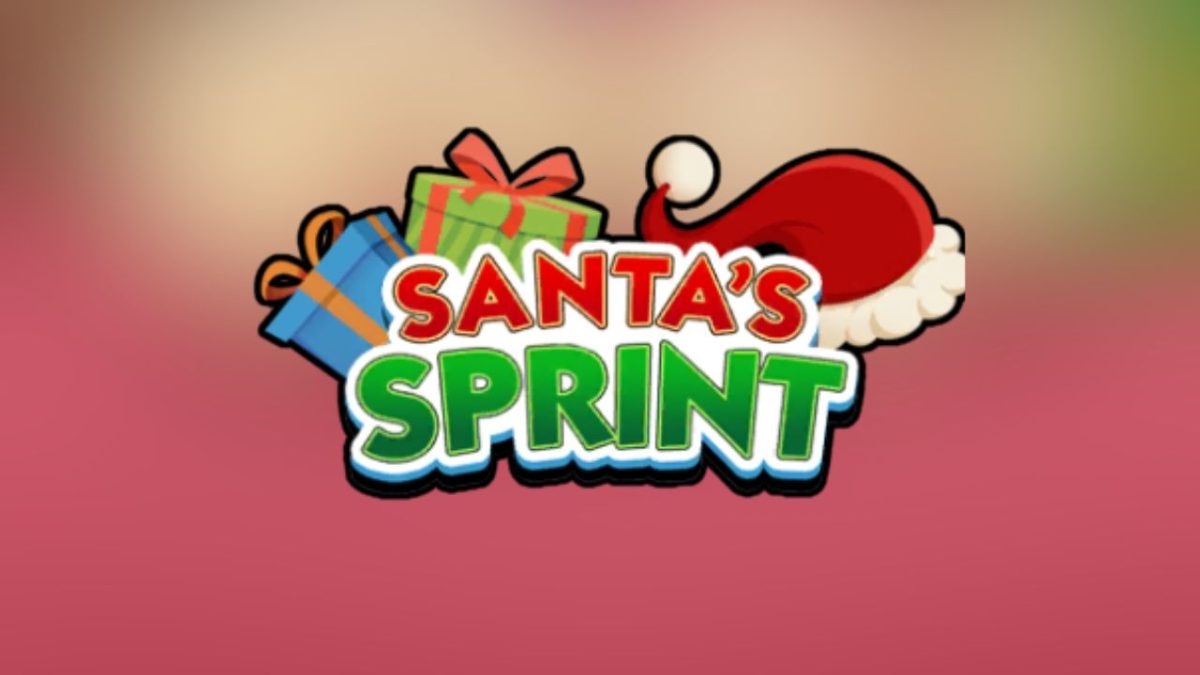 Monopoly GO's logo for 'Santa's Sprint' with festive elements like gifts and Santa's hat on a gradient background