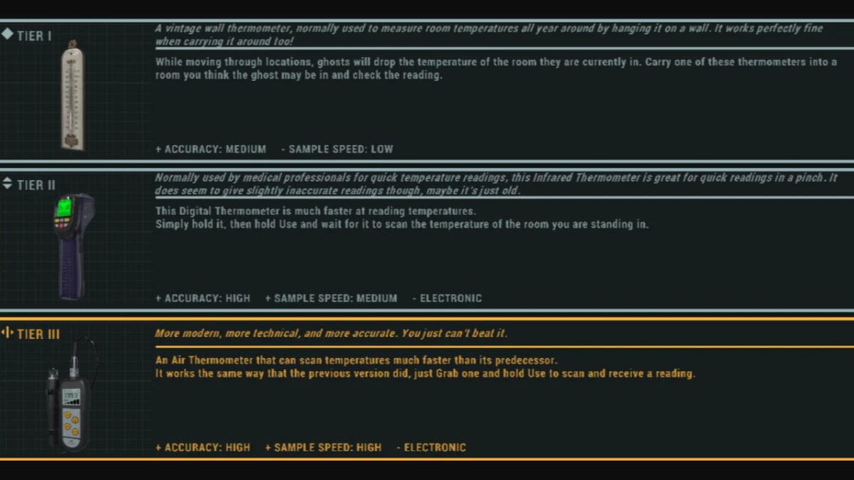 All three types of Thermometers in Phasmophobia.