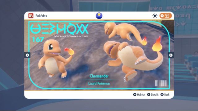 A screenshot of Charmander's Blueberry Pokédex entry in Scarlet and Violet The Indigo Disk