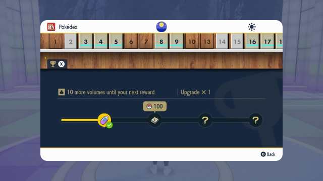 Screenshot of the Blueberry Pokédex interface in Pokémon SV, displaying a progress bar with the text '10 more volumes until your next reward' and an indicator for an upgrade available upon collecting 100 Pokémon