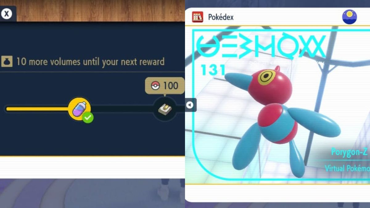 Split-screen image from Pokémon SV: left side shows the Pokédex progress bar; right side displays Porygon-Z entry.
