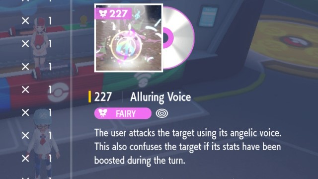 The TM for the Fairy-type move Alluring Voice, including its description and a small image of it in action, sits on the menu of Pokemon Scarlet and Violet.