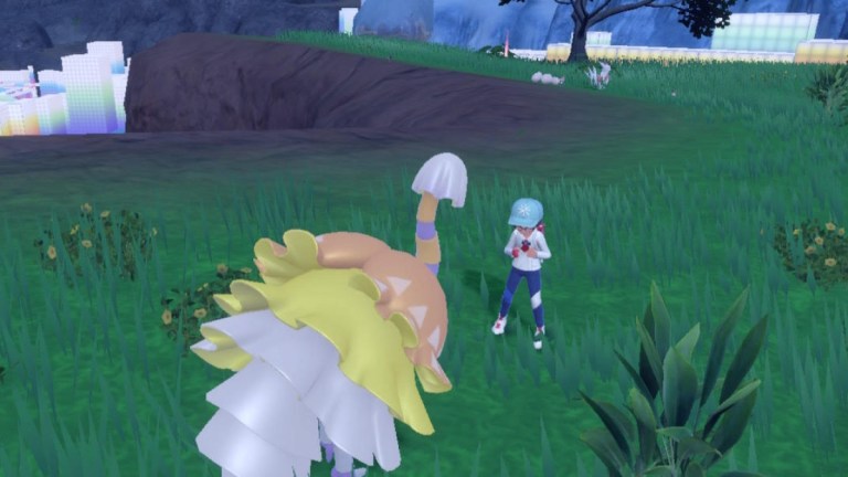 A colorful Ostrich looks at their trainer, who seems to be concentrating, in Pokémon Scarlet and Violet.