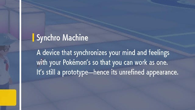 The description of the Synchro Machine in the menu of Pokémon Scarlet and Violet.