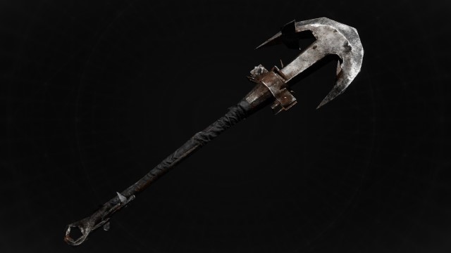 A hooked weapon with a rusted handle sits on a black background in Remnant 2.