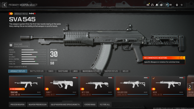 The weapon select screen in MW3.