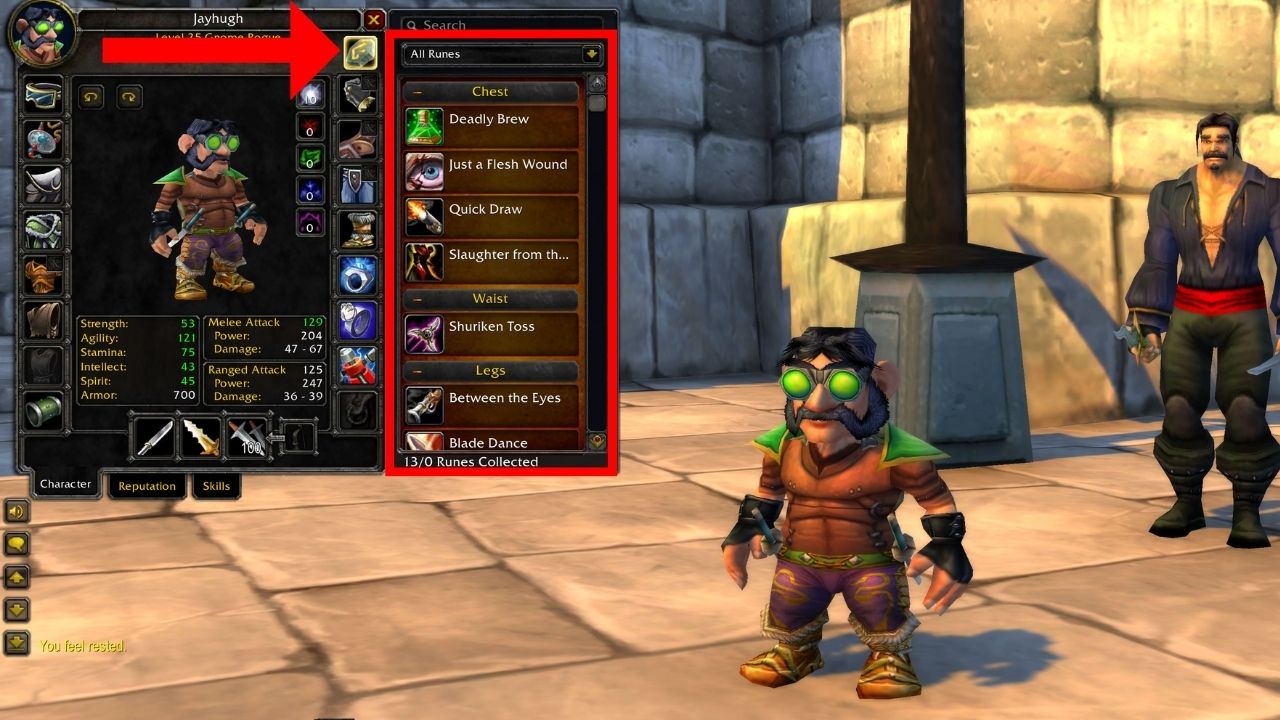 The new runes section on a character's profile in wow classic season of discovery