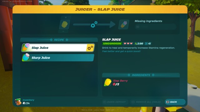 Slap Juice item description in LEGO Fortnite.