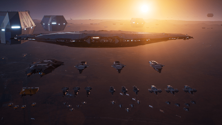 Homeworld 3 fleets lined up with the sunset in the background