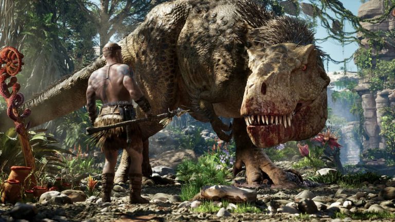 Vin Diesel's character in Ark 2 facing off against a dinosaur.