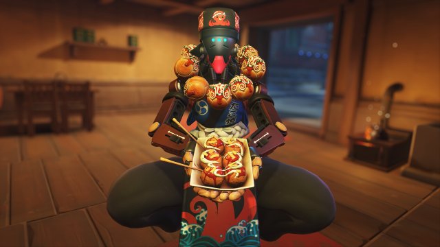 Zenyatta holds a bowl of takoyaki while wearing his Takoyaki-inspired skin in Overwatch 2.