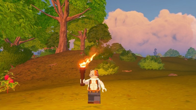 A cat holding a torch in LEGO Fortnite.