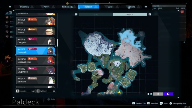 A screenshot of the Palworld map showing Leezpunk spawns at night.