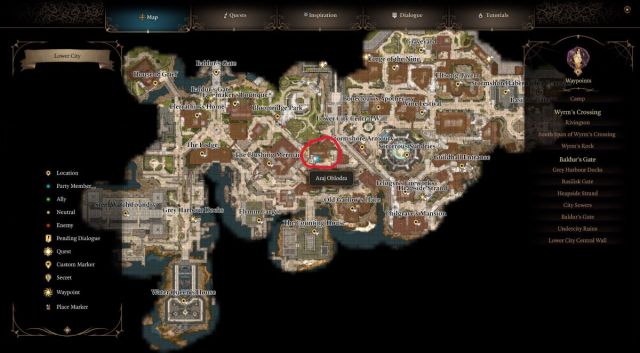 A screenshot of the map of the Lower City in Baldur's Gate 3, with a red circle highlighting a location in its center.