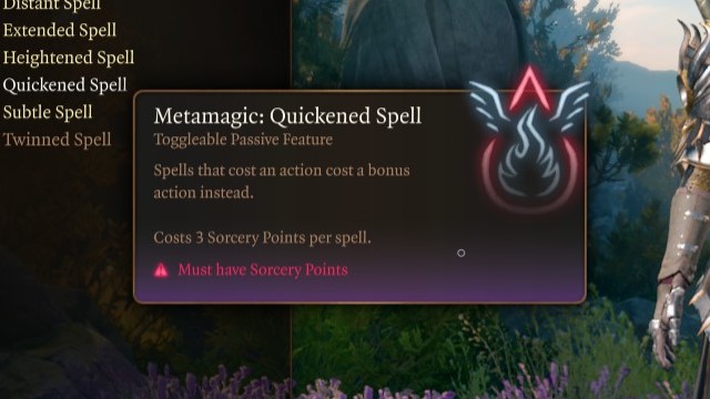 The Quickened Spell metamagic tooltip, a key part of the Rogue Arsonist build.