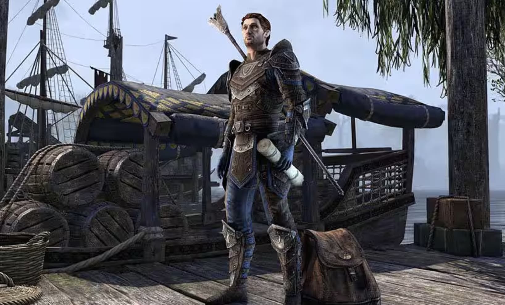 Bastian Hallix, a male Breton figure, stands on a pier looking up at the sky in The Elder Scrolls Online