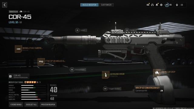 COR 45 pistol in the create-a-class menu in MW3