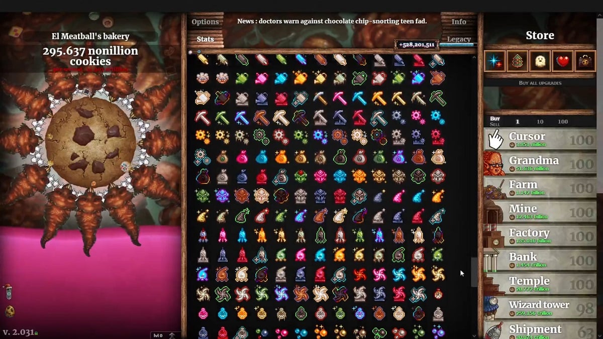 An image of the upgrades list in Cookie Clicker.