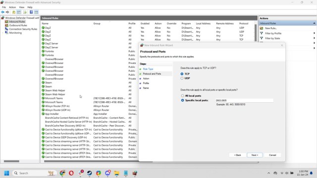 Showing Windows Defender firewall settings for port forwarding