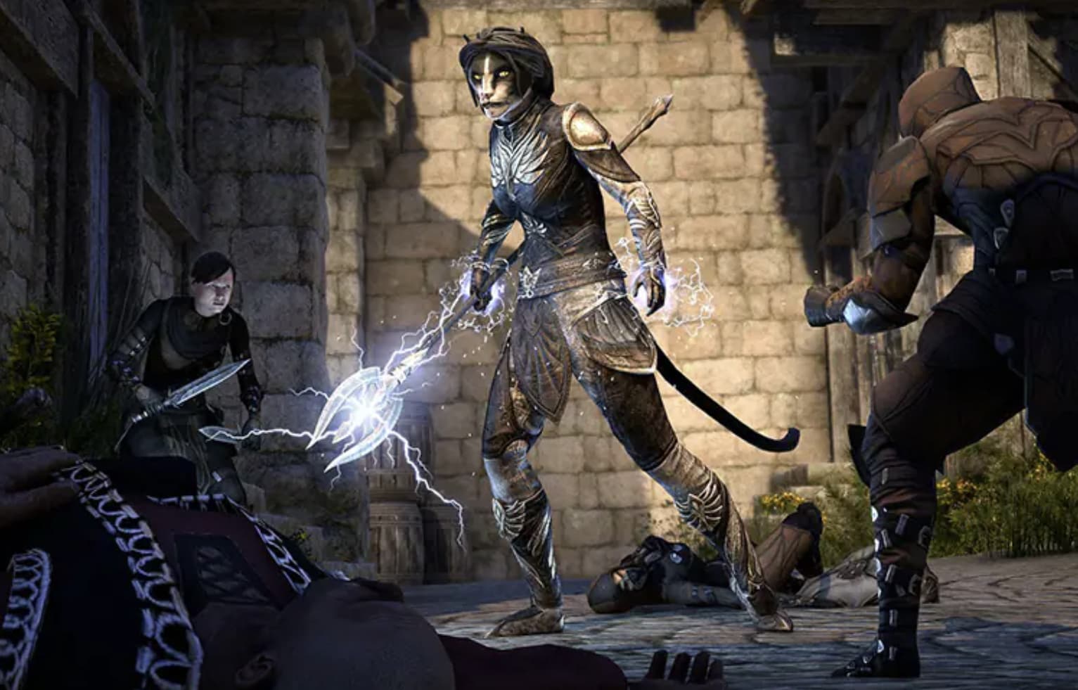 Ember, a black Khajiit with a glowing staff, stands between two rogue enemies.