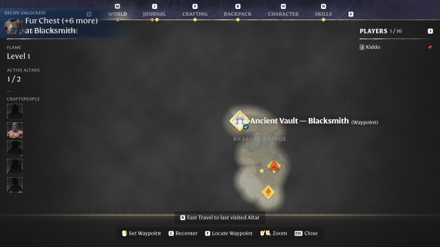 Image of the map in Enshrouded showing the Blacksmith location.