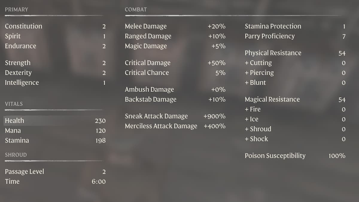 Enshrouded Character stats