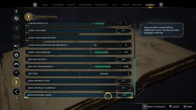 The accessibility menu options in Hogwarts: Legacy.