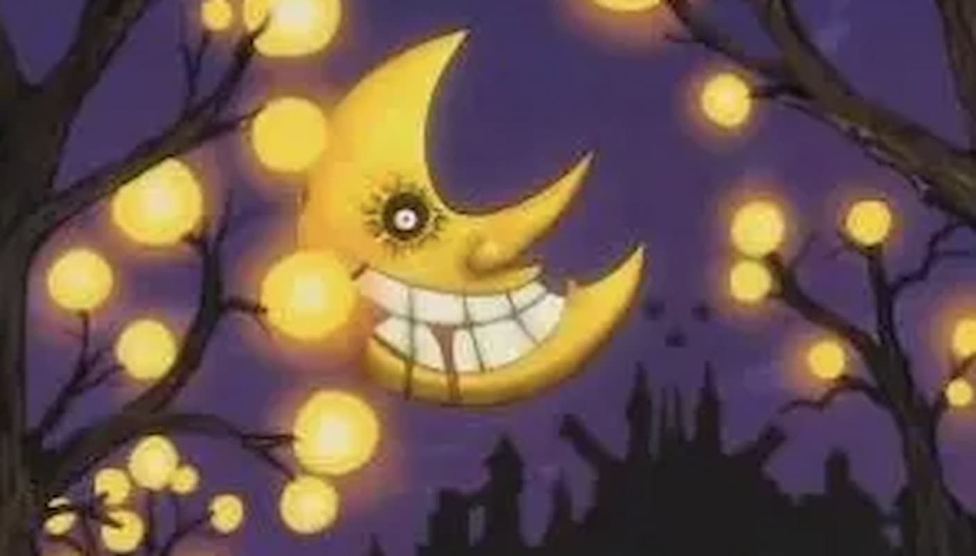 Anime smiling moon with blood coming out of its mouth