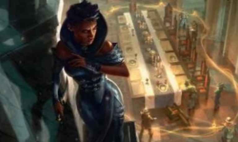 Etrata standing above gathering on Ravnica