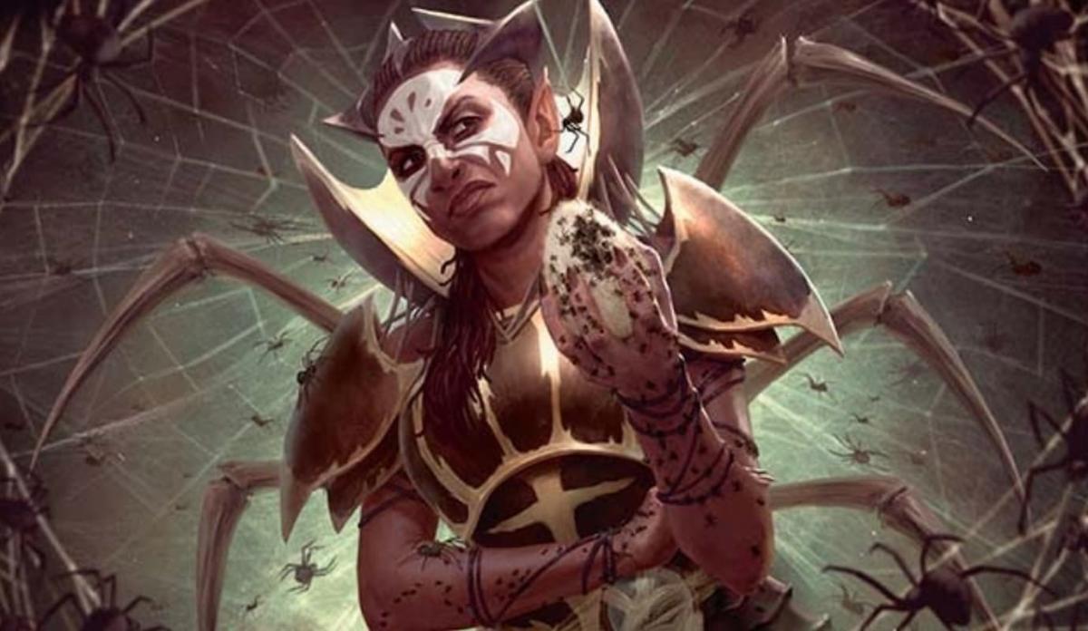 Izoni holding a spider egg while surrounded by spiders